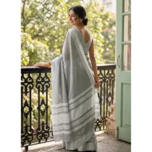 Women's Linen Striped Saree with Blouse – Gray