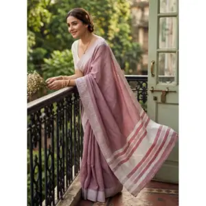 Women's Linen Striped Saree with Blouse – Magenta