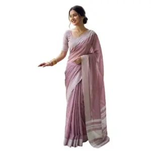 Women's Linen Striped Saree with Blouse – Magenta