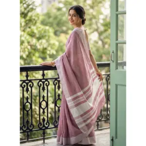 Women's Linen Striped Saree with Blouse – Magenta