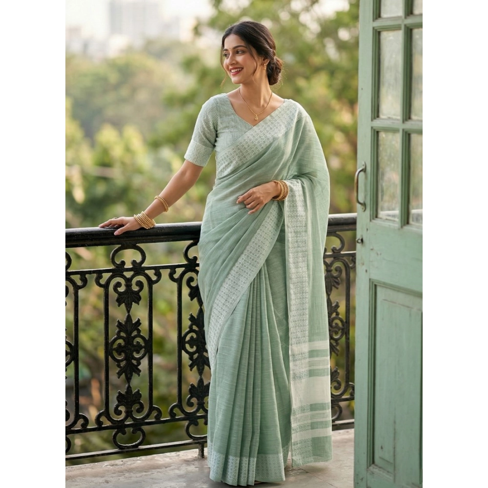 Women's Linen Striped Saree with Blouse – Sea Green
