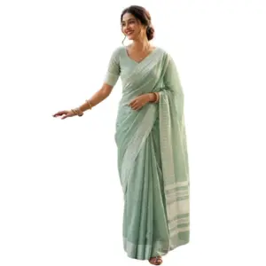 Women's Linen Striped Saree with Blouse – Sea Green
