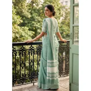 Women's Linen Striped Saree with Blouse – Sea Green