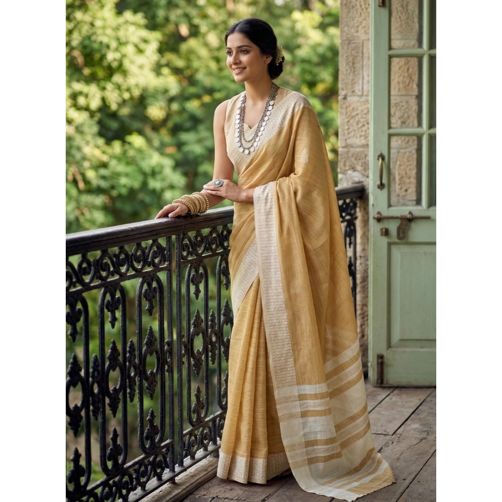 Women's Linen Striped Saree with Blouse – Mustard Yellow