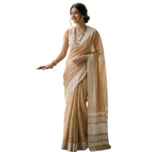 Women's Linen Striped Saree with Blouse – Mustard Yellow