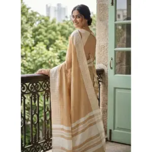 Women's Linen Striped Saree with Blouse – Mustard Yellow
