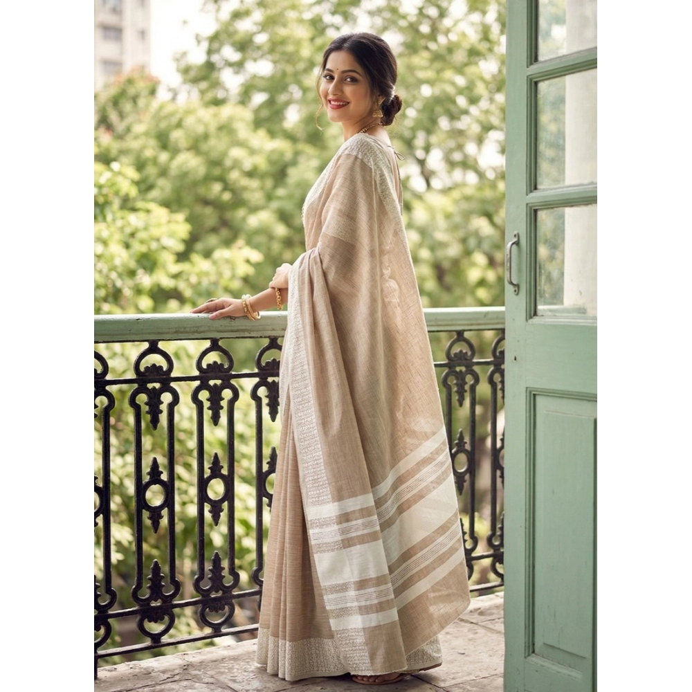 Women's Linen Striped Saree with Blouse – Lite Brown