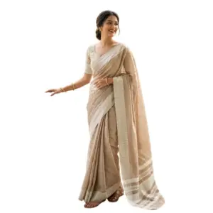 Women's Linen Striped Saree with Blouse – Lite Brown