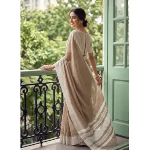 Women's Linen Striped Saree with Blouse – Lite Brown