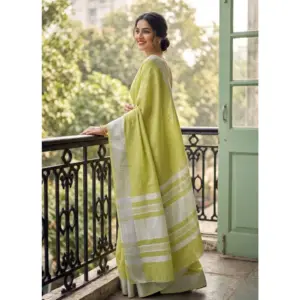 Women's Linen Striped Saree with Blouse – Light Green
