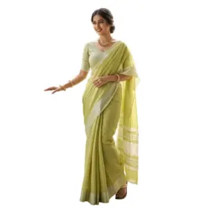 Women's Linen Striped Saree with Blouse – Light Green