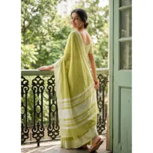 Women's Linen Striped Saree with Blouse – Light Green