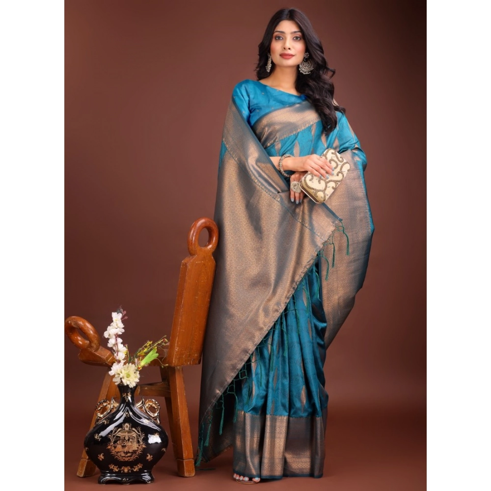 Women's Banarasi Silk Printed Saree with Blouse – Blue