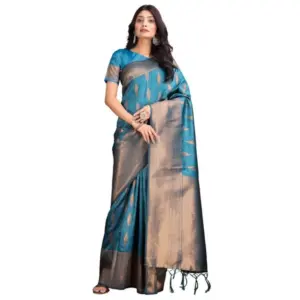 Women's Banarasi Silk Printed Saree with Blouse – Blue