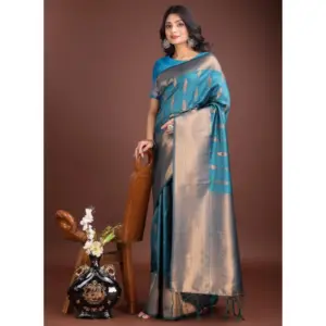Women's Banarasi Silk Printed Saree with Blouse – Blue