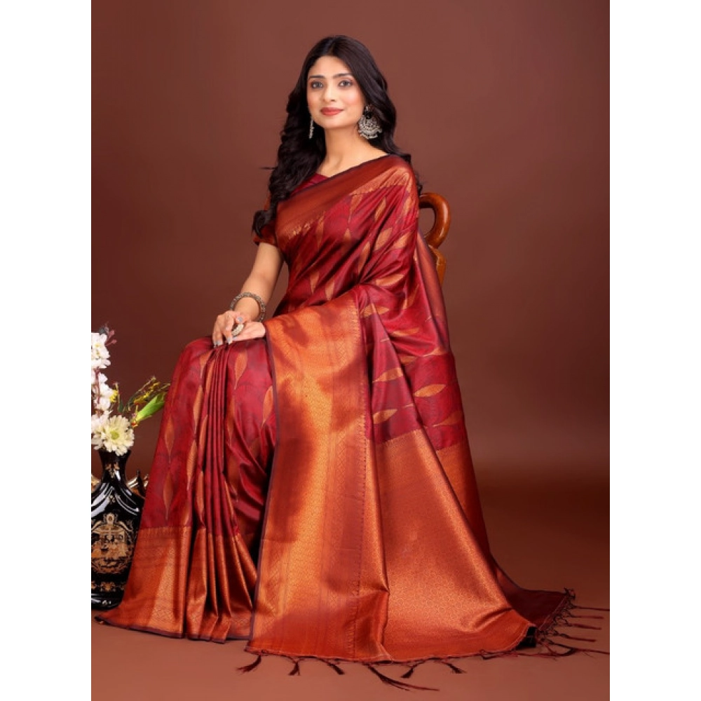 Women's Banarasi Silk Printed Saree with Blouse – Maroon