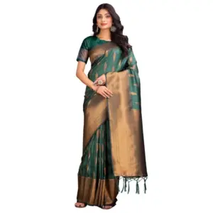 Women's Banarasi Silk Printed Saree with Blouse – Green