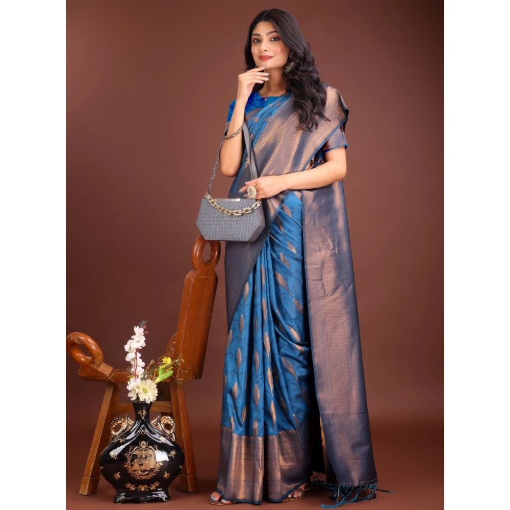 Women's Banarasi Silk Printed Saree with Blouse – Royal Blue