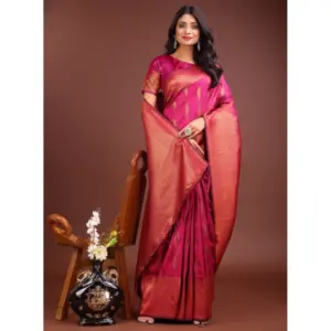 Women's Banarasi Silk Printed Saree with Blouse – Magenta