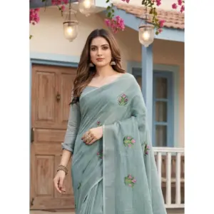 Women's Linen Embroidered Saree with Blouse – Sea Green