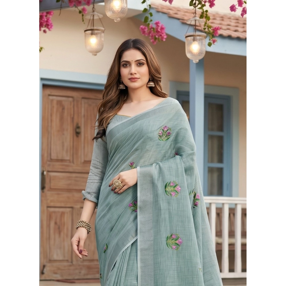 Women's Linen Embroidered Saree with Blouse – Sea Green