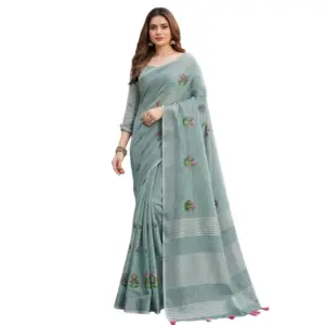 Women's Linen Embroidered Saree with Blouse – Sea Green