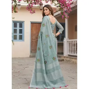 Women's Linen Embroidered Saree with Blouse – Sea Green