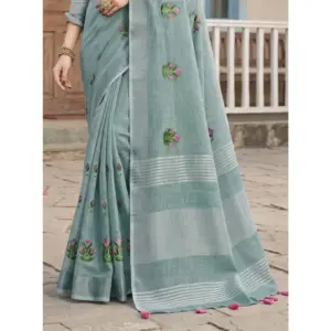 Women's Linen Embroidered Saree with Blouse – Sea Green