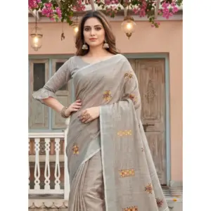 Women's Linen Embroidered Saree with Blouse – Light Beige