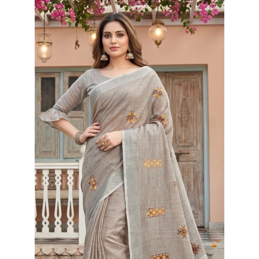 Women's Linen Embroidered Saree with Blouse – Light Beige