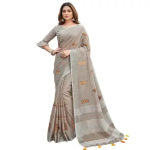 Women's Linen Embroidered Saree with Blouse – Light Beige