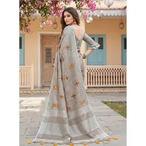 Women's Linen Embroidered Saree with Blouse – Light Beige