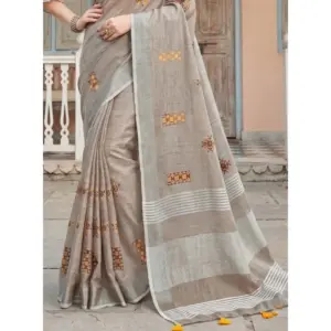 Women's Linen Embroidered Saree with Blouse – Light Beige