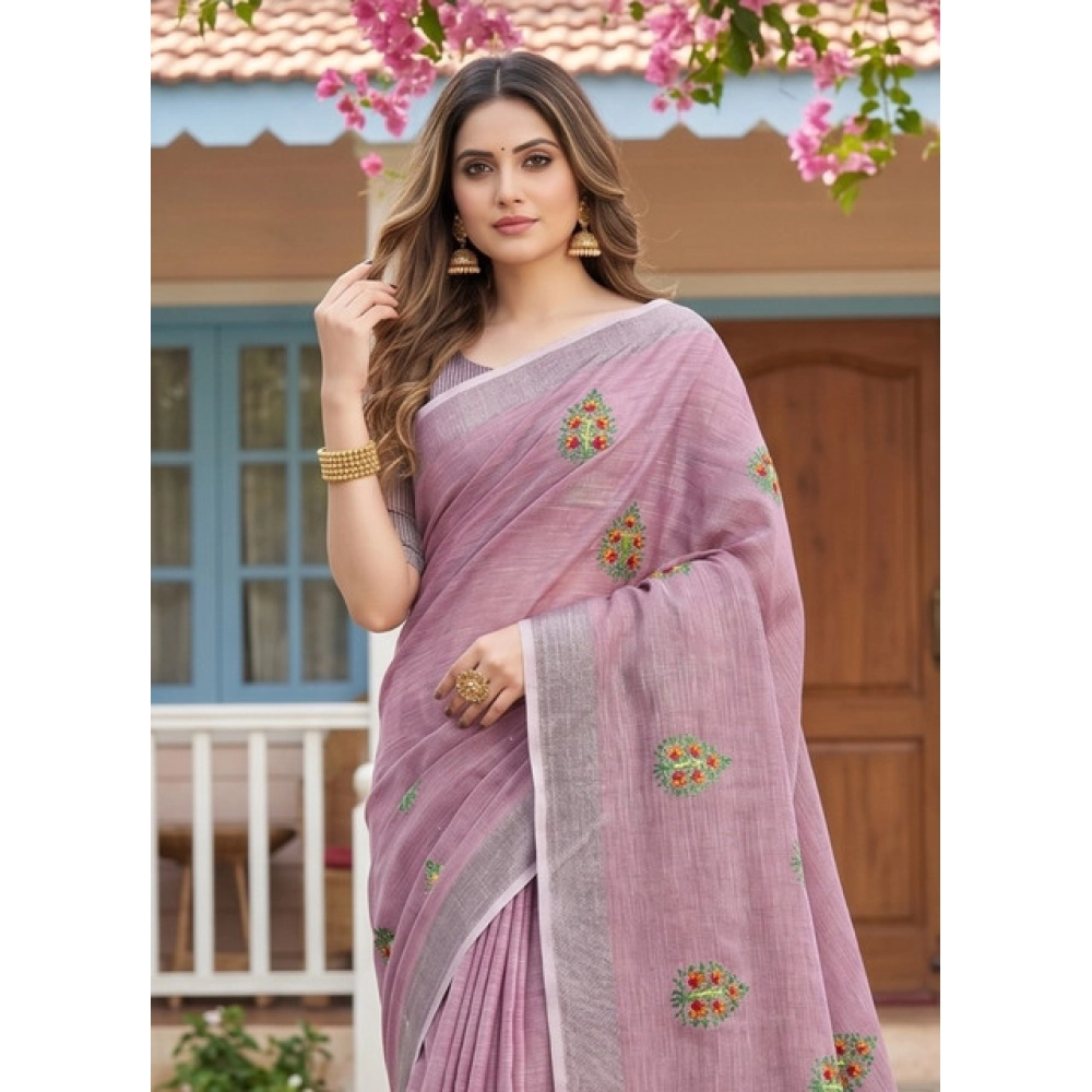 Women's Linen Embroidered Saree with Blouse – Light Purple