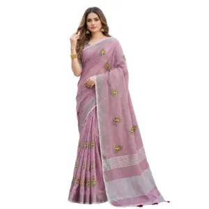 Women's Linen Embroidered Saree with Blouse – Light Purple