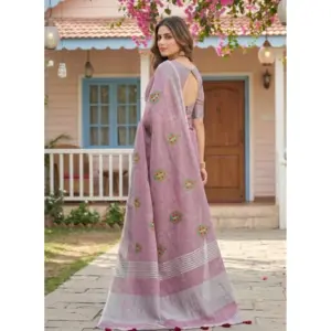 Women's Linen Embroidered Saree with Blouse – Light Purple
