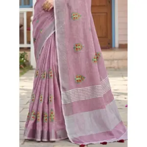 Women's Linen Embroidered Saree with Blouse – Light Purple