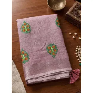 Women's Linen Embroidered Saree with Blouse – Light Purple