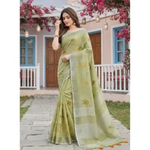 Women's Linen Embroidered Saree with Blouse – Light Green