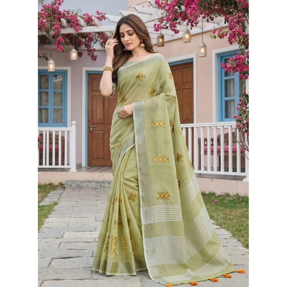 Women's Linen Embroidered Saree with Blouse – Light Green