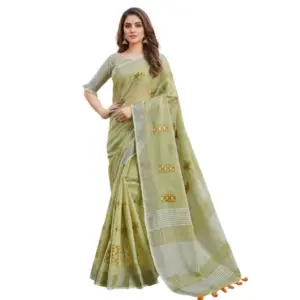 Women's Linen Embroidered Saree with Blouse – Light Green
