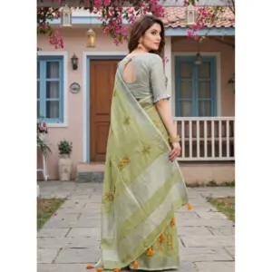 Women's Linen Embroidered Saree with Blouse – Light Green