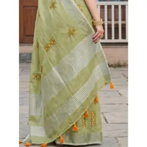 Women's Linen Embroidered Saree with Blouse – Light Green