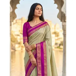 Women's Silk Blend Printed Saree with Blouse – Light Green-Pink