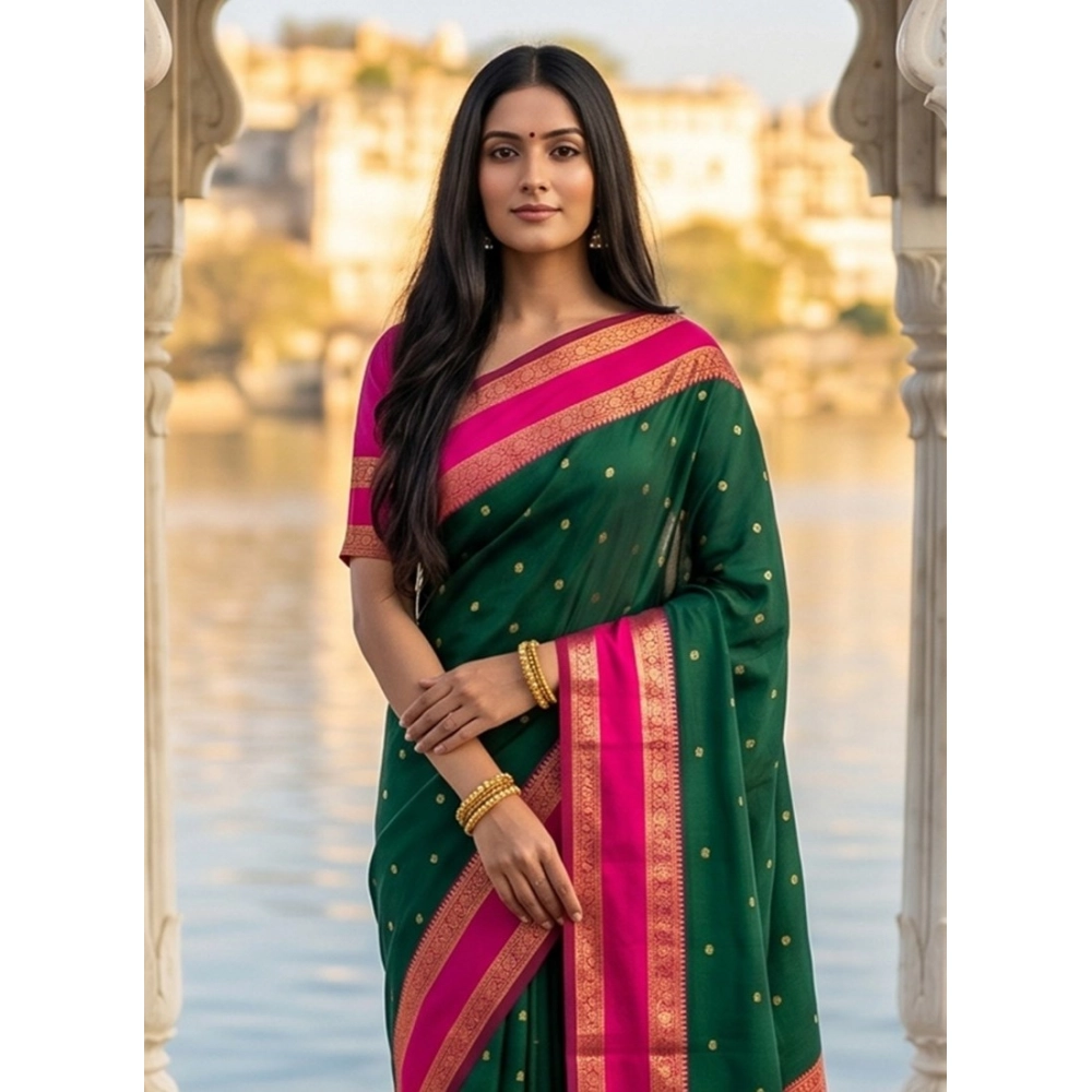 Women's Silk Blend Printed Saree with Blouse – Dark Green-Pink