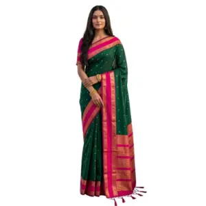 Women's Silk Blend Printed Saree with Blouse – Dark Green-Pink