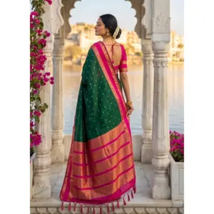 Women's Silk Blend Printed Saree with Blouse – Dark Green-Pink