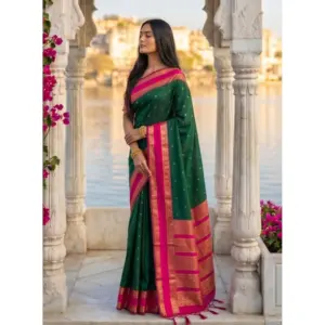 Women's Silk Blend Printed Saree with Blouse – Dark Green-Pink