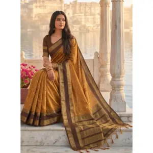 Women's Silk Blend Printed Saree with Blouse – Mustard-Brown