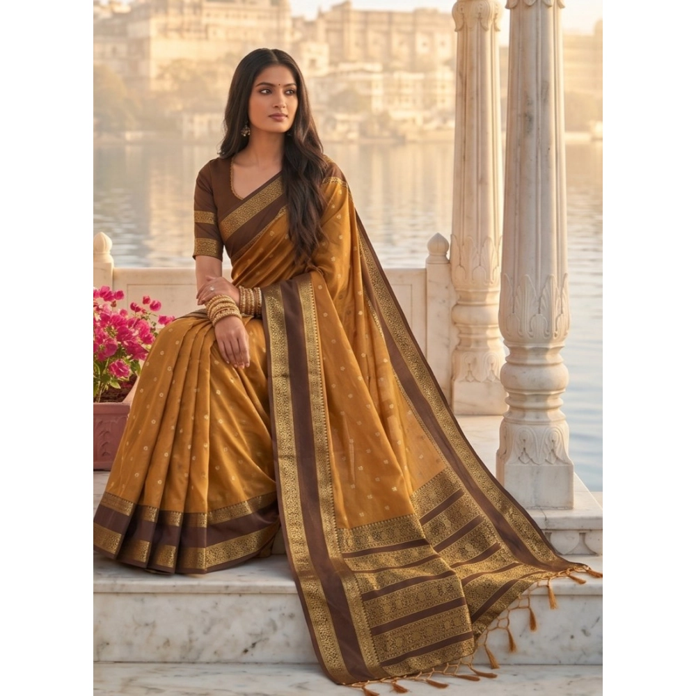 Women's Silk Blend Printed Saree with Blouse – Mustard-Brown
